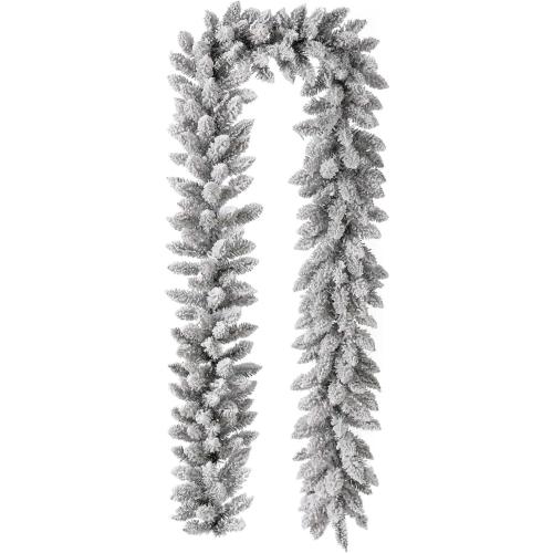 Glitzhome 9ft Christmas Garland for Mantle, Pre-Lit Snow Flocked Christmas Garland with Warm White LED Lights and Timer for Fireplace, Dining Table, Stairs Christmas Decoration