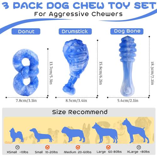 WinTour Dog Toys for Aggressive Chewers 3 Pack, Tough Dog Chew Toys for Aggressive Chewers, Indestructible Dog Toy to Keep Them Busy for Small, Medium and Large Breeds, Bacon Flavor, Blue