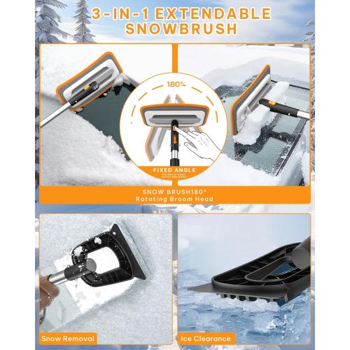 helloleiboo 39.8 Snow Brush for Car Extendable Snow Broom Detachable Ice Scrapers with 12-Inch 180° Pivoting Brush Head for Car Truck SUV (Orange)