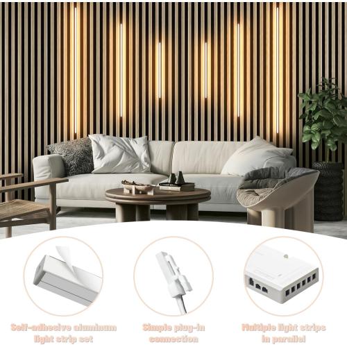 Lichaser LED Recessed Lighting for Acoustic Panel, 6 Pcs of 3000K Dimmable LED Strip Light for Wood Slat Wall Panel in Parallel with Touch Sensor, Self-Adhesive for Slat Wall Decor (4*28 in 2*16 in)