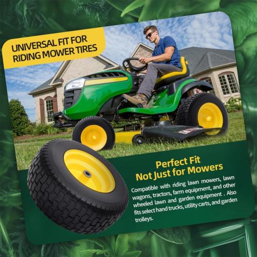 16x6.50-8 tire and wheel Flat Free Assemblies (2 Pack), Lawn Mower Tires with Rim, Solid Rubber Riding Lawn Mower Tires and Wheels,3 Offset Hub,3/4 Bushings,16x6.5-8 Tractor Turf Tire