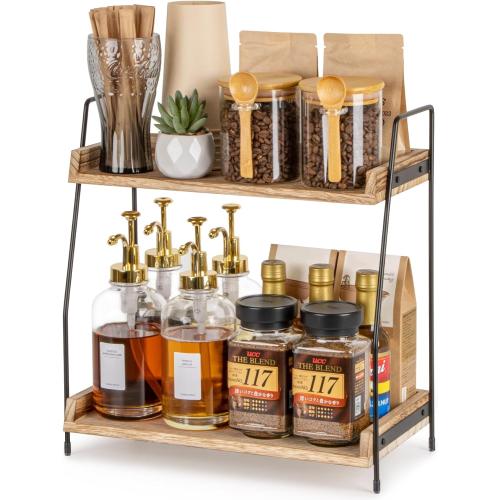 ANBOXIT Countertop Coffee Station Organizer, 2 Tier Wooden Shelf