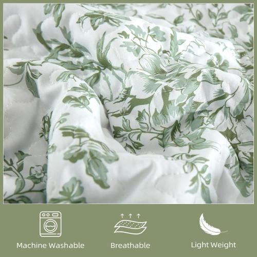 WONGS BEDDING Botanical King Size Quilt, 3 Pieces Bedspread Set, Sage Green | Floral Printed, Microfiber Coverlet, Breathable All-Season, Fits King 110x90, Perfect for Bedroom Guest Room Home Decor