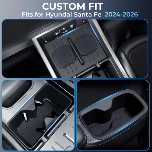 1st & 2nd Row Cup Holder Insert & Wireless Charging Protective Mat for Hyundai Santa Fe 2026 2025 2024, Center Console Interior Accessories Cup Holder & Wireless Charger Cover Pad, Black