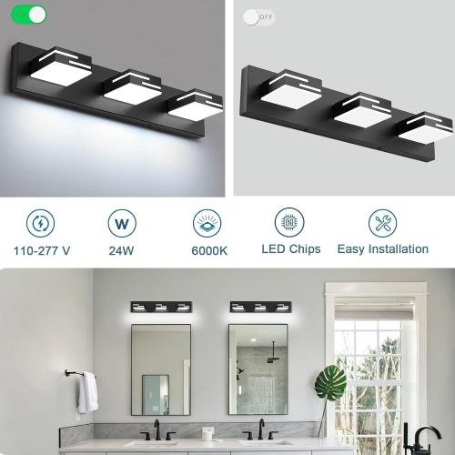 LED Modern Bathroom Vanity Light Fixtures, Dimmable Matte Black Vanity Lights for Bathroom Lighting Fixtures Over Mirror, with 360° Rotatable Acrylic Heads 3-Light 22-inch (Cool White 6000K)