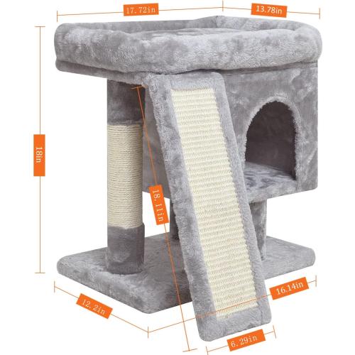 SYANDLVY Small Cat Tree for Indoor Cats, Cat Tower with Scratching Post, Modern Activity House for Large Cats, Condo with Board, Kittens Cave (Light Grey)