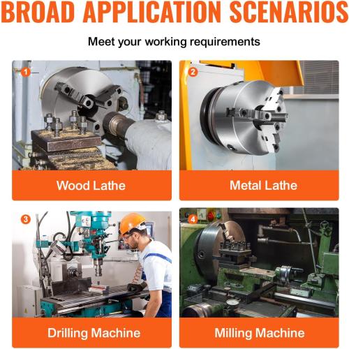 VEVOR 3-Jaw Lathe Chuck, 8'', Self-Centering Lathe Chuck, 0.16-8 in/4-200 mm Clamping Range with T-key Fixing Screws Hexagon Wrench, for Lathe 3D Printer Machining Center Milling Drilling Machine