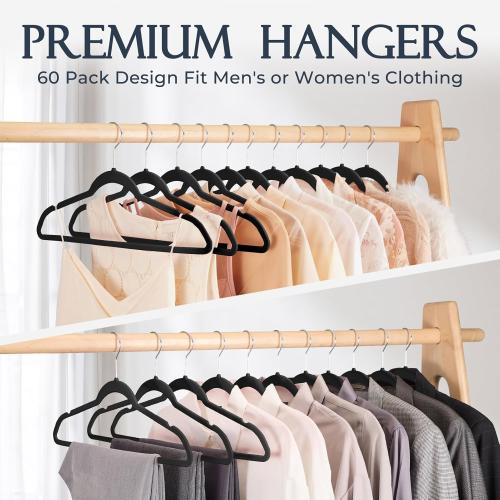 HOUSE DAY Black Velvet Hangers 60 Pack, Non Slip Clothes Felt Hanger Heavy Duty for Coat, Premium Slim Space Saving Suit Hangers for Closet Organizer, 360° Rotating Silver Hook