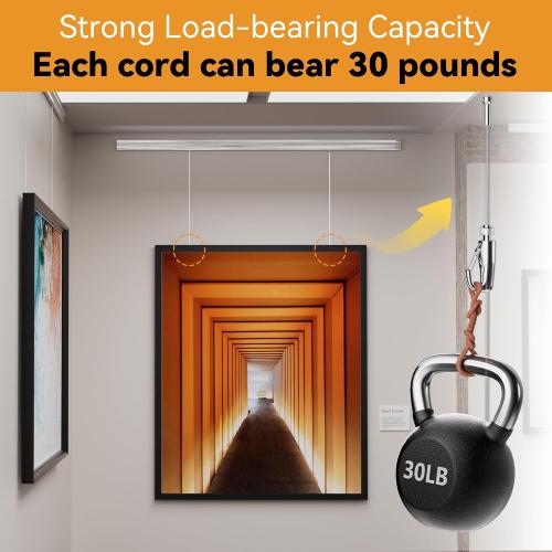 Picture Rail Hanging System 47 inch - Heavy Duty Picture Hanging Kit Mounted on Wall/Ceiling with 2 Picture Rails 47 inch, 4 Nylon Cords, 4 Hooks, Hardwares for Home, Office, Museum, Art Galleries