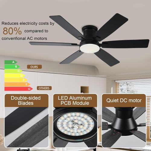 52 inch Black Ceiling Fans with Lights and Remote - Flush Mount Low Profile Ceiling Fan with Light, Reversible, 3CCT, Dimmable, Modern Indoor Ceiling Fan for Bedroom Living Room, Covered Patios