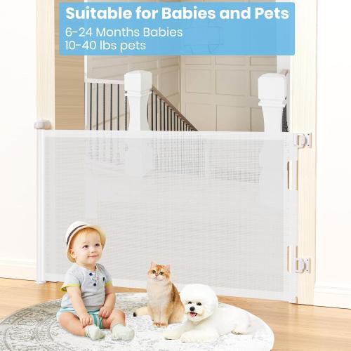 HAMOPY Retractable Baby Gate, 33 Tall, Extends up to 55 Wide, Durable Auto-Lock Baby Gate for Stairs, Mesh Dog Gate and Child Safety Gates for Doorways, Hallways, Indoor, Outdoor(White)
