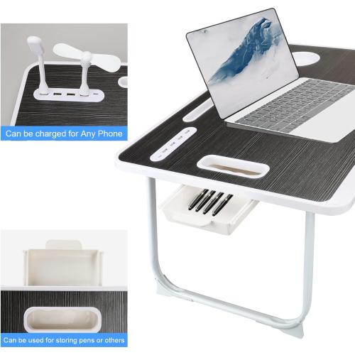 Laptop Bed Table, Laptop Desk for Bed, Foldable Laptop Bed Desk with USB Charge Port, Handle, Desktop Card Slot, Cup Slot, Side Drawer, Portable Laptop Table for Bed Eating Reading Working