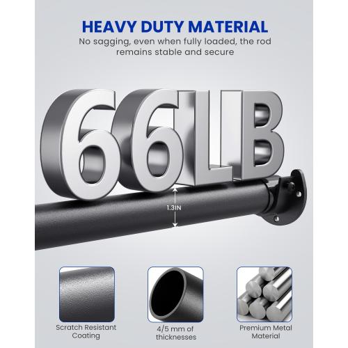 Closet Rods for Hanging Clothes, 17 to 129 Inches Stepless Adjustable Metal Closet Rod, 1.3 Inches Heavy Duty Clothes Hanging Rod for Closet Wardrobes Laundry RV, Black