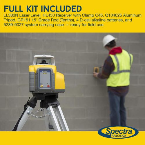 Spectra Precision LL300N-1 Self Leveling Rotary Laser Kit with Tripod, GR151 Professional - System Case - Grade Rod (Tenths) HL450 Receiver and Alkaline Batteries – Rugged IP66 Job-Site Performance