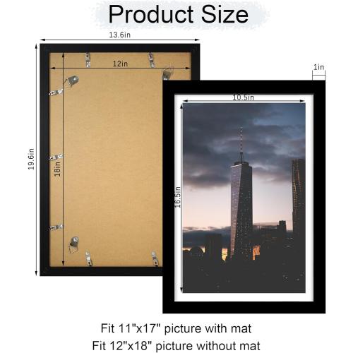 12x18 Picture Frame Set of 2, 12 x 18 Wood Poster Frames with Mat for 11x17, Wooden Photo Frames with Tempered Glass Cover for Wall Display,Black
