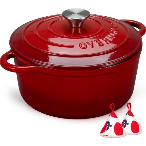 Overmont 5.5QT Enameled Cast Iron Dutch Oven with Lid Cookbook Heavy-Duty Casserole with Dual handles for Braising, Stews, Roasting, Bread Baking