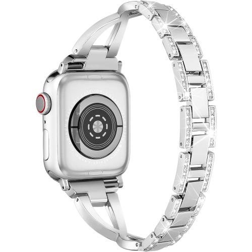 wipalor Dressy X Band for Silver Apple Watch Bands 44mm for Women with Bling Diamond Case, Metal Thin iWatch Bands for women, Designer Cute Band for Apple Watch SE Series 6 Series 5 4-Silver