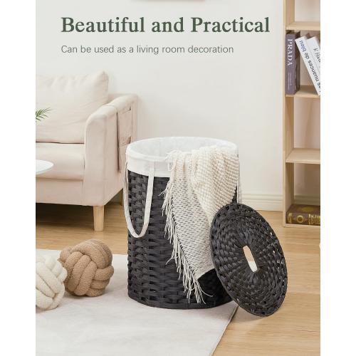SETVSON Laundry Hamper with Lid Laundry Basket with Lid 19.0 Gal (72 L) Round Wicker Laundry Basket Handwoven Rattan Basket with Lid Removable Bag 2 Mesh Bags Handles for Living Room Bathroom Black