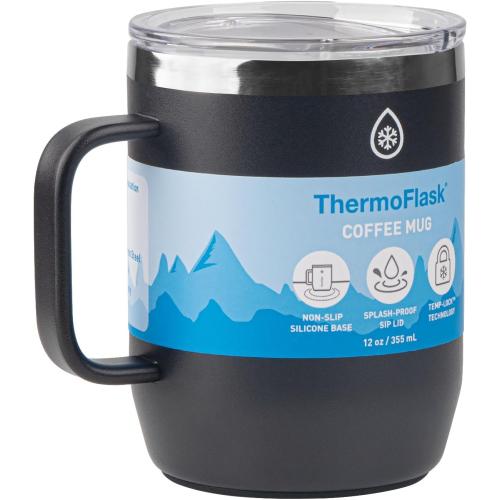 ThermoFlask Insulated Coffee Mug with Handle and Splash-Resistant Lid (12 oz, Jet Black) - Stainless Steel Travel Mug for Coffee & Tea