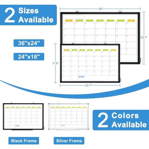 Dry Erase Calendar Whiteboard for Wall, WALGLASS 36 x 24 Magnetic White Board, Monthly Dry Erase Calendar with Silver Aluminum Frame, Double-Sided Hanging Portable Board for Office, Home, School