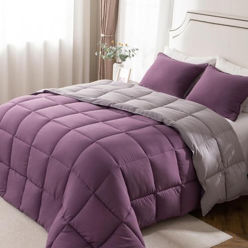 KASENTEX Queen Comforter Set – Reversible Dual Color – Goose Down Alternative – Ultra-Soft, Lightweight, Machine Washable, Maintain Fluffiness, All Season Warmth (Grape Jam/Gull)