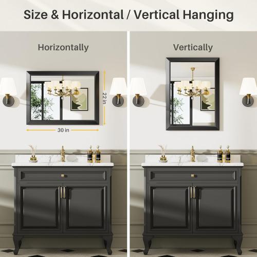 Size 22x30 Inch Color Black Bathroom Mirror for Wall, Thick Metal Framed Rectangle Mirrors for Over Sink, Bedroom, Living Room, Entryway, Anti-Rust, HD Tempered Glass