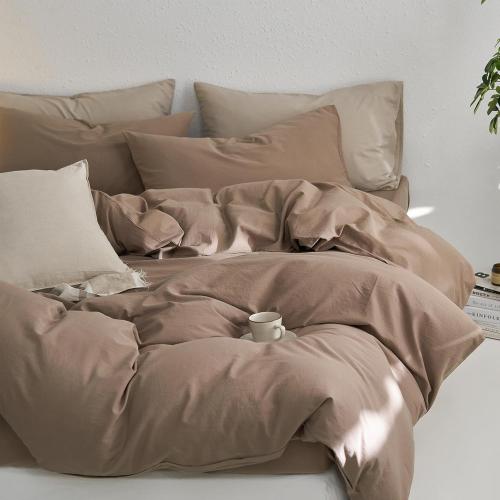 MooMee King Duvet Cover Set, 100% Washed Cotton Linen Like Twill Thick Sturdy Material Super Soft Breathable Durable Bedding for All Season, 3 Pieces (Bombay Brown, King 104x90)