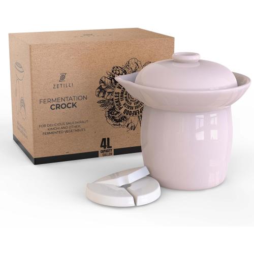 Fermentation Crock Jar Sauerkraut Crock with Glazed Weights 1 Gallon Onggi Kimchi Pot for Fermenting Delicious Kimchi Kombucha & Pickles - Stoneware Fermenting Crock Pickling Fermenter (4L)