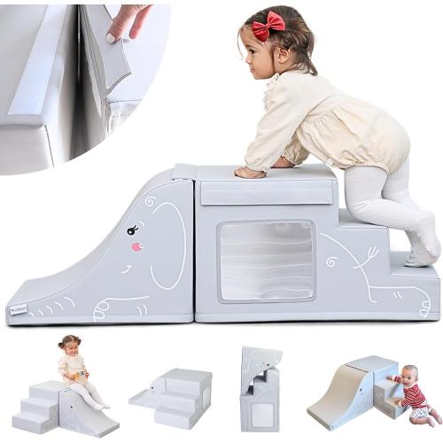 LORAIA® Non-Toxic Foam Climbing Blocks for Toddlers 1-3 - Large Vegan Leather Baby Climbing Blocks - High-end Soft Play Set w/TOP Fasteners & Baby Slide - Climbing Toys for Toddlers 1-3 Inside