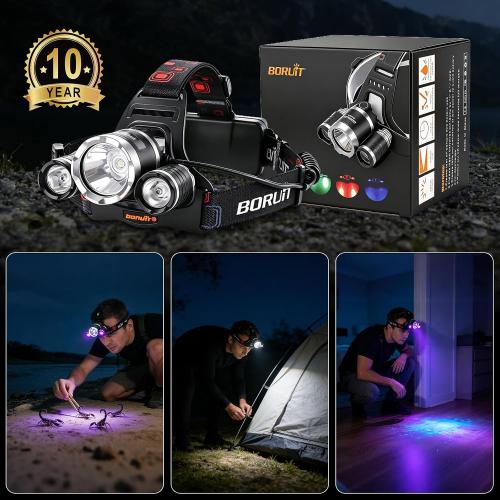 BORUIT RJ-3000 LED Black Light Headlamp,3 Modes White and UV Light Headlamp, Super Bright USB-C Rechargeable Aluminum Head Lamp for Inspection,Scorpions, Camping Hiking Outdoor Use
