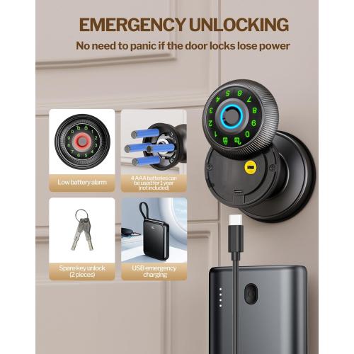 Fingerprint Door Lock - Smart Door Knob with Passcode Keypad, Finger Print Biometric Door Knobs & App Control, Keyless Smart Door Lock for Apartment Bedroom Hotel Office (Black)
