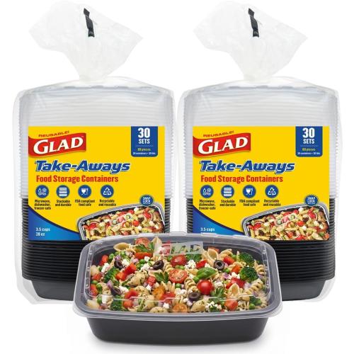 Glad Take-Aways 60-Pack Snap-Seal Rectangular Food Storage Containers, 28 oz, Leak-Resistant Lids, Dishwasher & Freezer Safe, Reusable Meal Prep Containers, BPA Free, Bulk Value, Made in North America