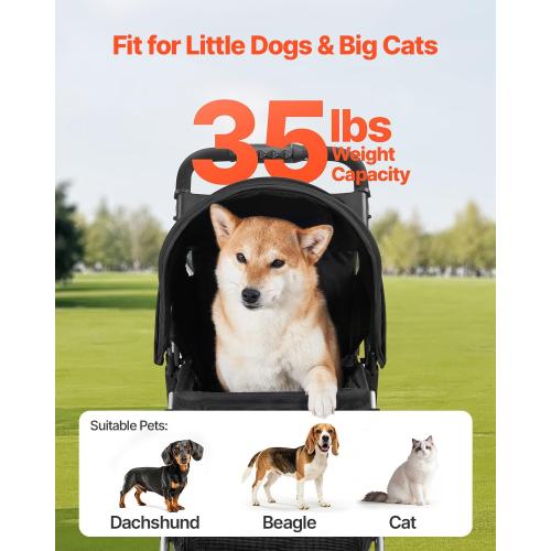 VEVOR Pet Stroller, 35 lbs Weight Capacity, Foldable Dog Cart, 3 Wheels Cats Carts with Mesh Windows and Cup Holders, Portable Pet Carrier Stroller with Brake, for Small to Medium Pets