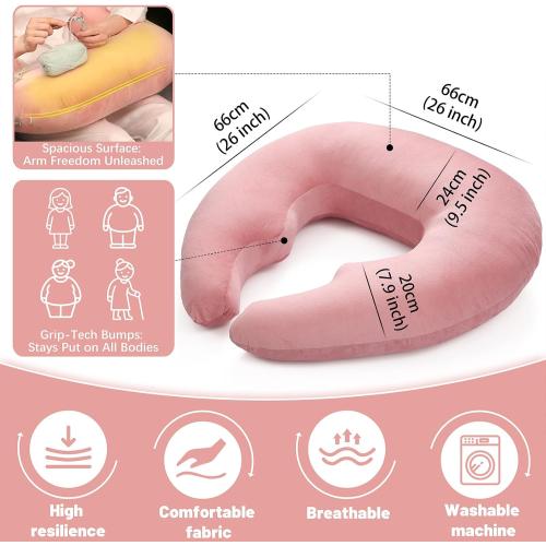 Ergonomic U-Shape Gaming & Lap Pillow - Crochet Pillow & Reading Support Pillow with Arm Relief, Comfort for Gamers, Crafters & Book Lovers (Pink)