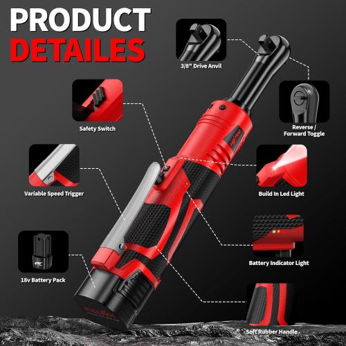 Electric Ratchet Wrench Set, 550 RPM Cordless Ratchet Wrench, 3/8 18V Power Ratchet Tools with Variable Speed, LED Light, 7 Sockets, 2 Packs 2.0Ah Lithium-Ion Battery and Fast Charger
