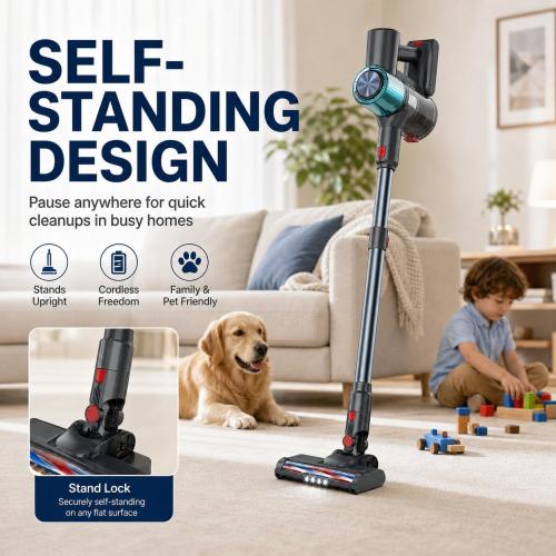 Cordless Vacuum Cleaner, Stick Vacuum for Pet Hair & Hardwood Floor, Self-Standing Rechargeable Vacuum with Smart LED Display, Lightweight Battery Powered Vacuum for Home, Dorm, & Dog Hair