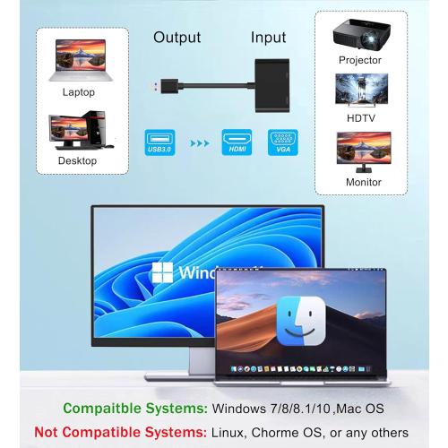 USB 3.0 to HDMI VGA Adapter, USB to VGA HDMI Adapter for 2 Monitors, 1920 * 1080P@60HZ Full HD Display Video Converter Comaptible with Windows 7/8/8.1/10 and Mac OS Systems