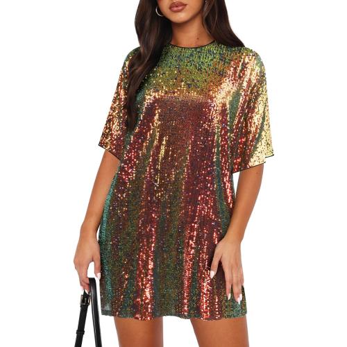 Women's Crew Neck Sequin Dress for Women Sexy V Neck Shirt Dress Sparkly Half Sleeve Loose Party Club Cocktail Dress