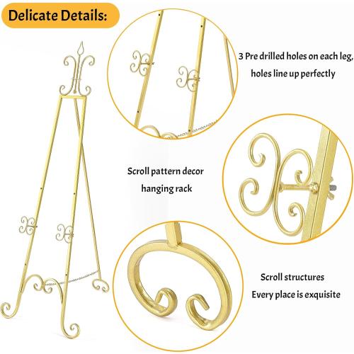 20L x 26.75W x 56.5H Large Easel Stand for Display, Adjustable Heigh Metal Gold Easel Stand with Chain Support, Heavy Duty Easel for Mirror, Sign, Wedding, Picture Frame. (No Installation Required)