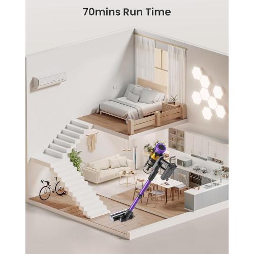 Cordless Vacuum Cleaner, 550W 45KPA 70 Mins Vacuum Cleaners for Home, Self-Standing Cordless Vacuum with Charging Dock Station, LED Display, Upgraded Anti-Tangle Stick Vacuum for Pet Hair/Carpet/Floor