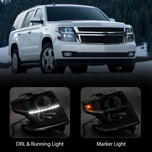 FIONE L&R Headlights Compatible with Chevy Tahoe/Suburban 2015-2020 LED DRL Halogen Headlamp Black Housing W/O Bulbs Headlamp Left Right Side