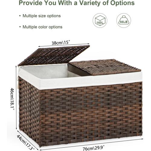 SETVSON Storage Basket with Lid Wicker Baskets for Storage with 2 Separate Lid 42.3 Gallon (160 L) 29.9 x 17.3 x 18.1 Inches Rattan Woven Large Wicker Basket with 2 Liners for Bedroom Laundry Brown