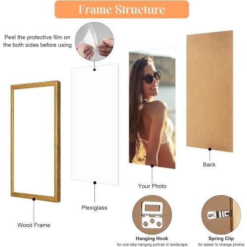 Wood 11x13 Frame Gold, Ornate Natural Wooden 13x11in Picture Frames, Modern Golden 11 x 13inch Gallery Photo Pic Frame with HD Plexiglass, Horizontal Vertical Wall Mounting Tabletop Display 1Pcs