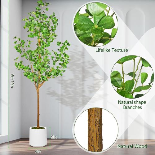 6 FT Artificial Heart Ficus Tree Indoor, Realistic Faux Plant with Dew Drops, Fake Tree with Pots for Home Office Decor
