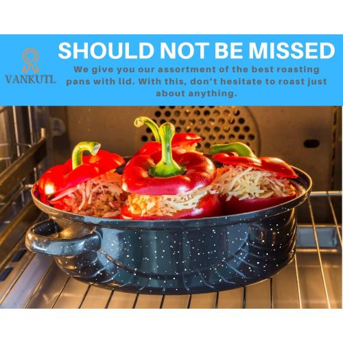 16 Inch Roasting Pan with Lid - Covered Oval Roaster - Enamel Carbon Steel Roaster Pot - Excellent Heat Distribution and Non-sticky - for Turkey Chicken Meat & Vegetables -Birthday and Holiday gifts