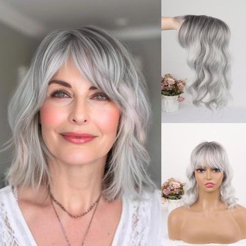 CINHOO Short Curly Wavy Grey Hair Toppers for Women with Thinning Hair,Short Wigs with Bangs Synthetic 360° 3D Hairpiece Clip in Bob Halloween Wig Gifts for Women(Ombre gray)
