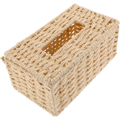 Woven Paper Rope Tissue Box Holder, Handmade Rattan Napkin Storage Basket, Beige Decorative Tissue Cover for Home Office Bathroom