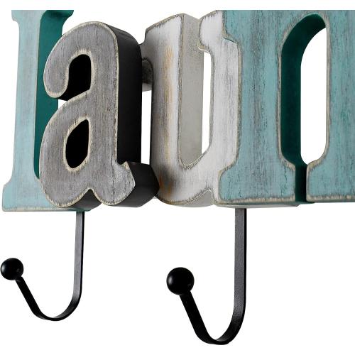 Linfevisi Wooden Laundry Sign Aqua Hanging Block Letters Sign Rustic Wood Word Decor Laundry Wall Sign Cutout Word Art Wall Decor Decorative Key Holder Hanger with 4 Hooks