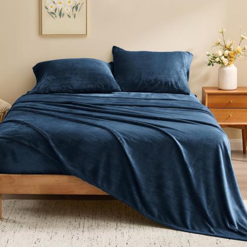 BEDELITE Flannel Sheets Twin Size Navy - Super Soft Fleece Sheets Set Fluffy Extra Plush, 3 Piece(Include Fitted Sheet, Flat Sheet, 1 Pillowcase)