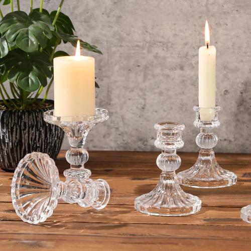 6 Pcs Clear Glass Taper Candle Holders – 4 Ribbed Candlestick Holders for Standard Candles | Elegant Centerpiece for Wedding, Party, Holiday & Home Decor